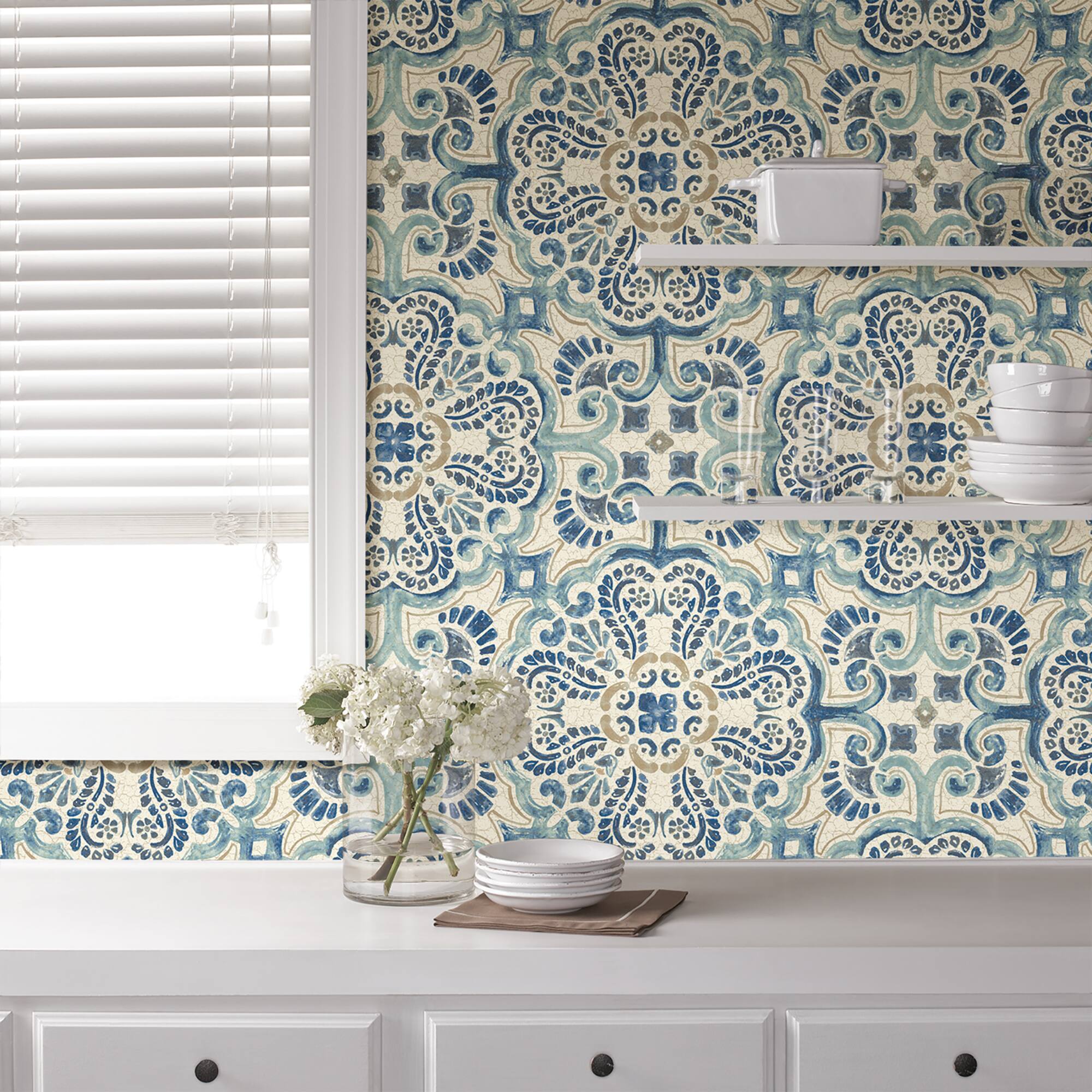 NuWallpaper Blue Florentine Tile Peel & Stick Wallpaper